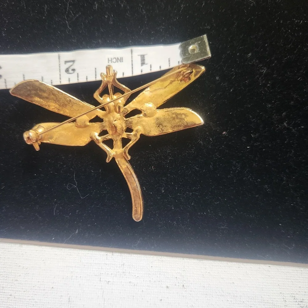 Vintage Gold Tone‎ Dragonfly Brooch Green Emerald Red Ruby Rhinestone Pin 2.5